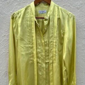 Alberto‎ Biani Blouse Women's Medium Green Pleated Tie Neck Wide Cuff Satin